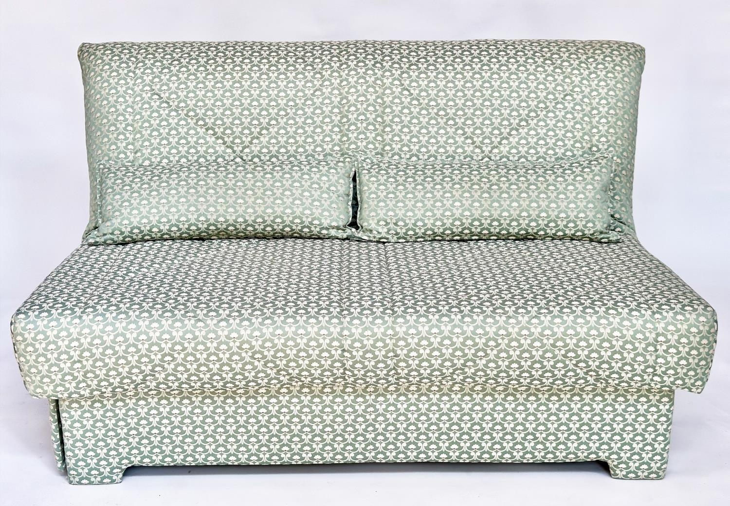 SOFA BED, geometric print upholstered with cushion, transferring to bed, 142cm W (180cm extended).
