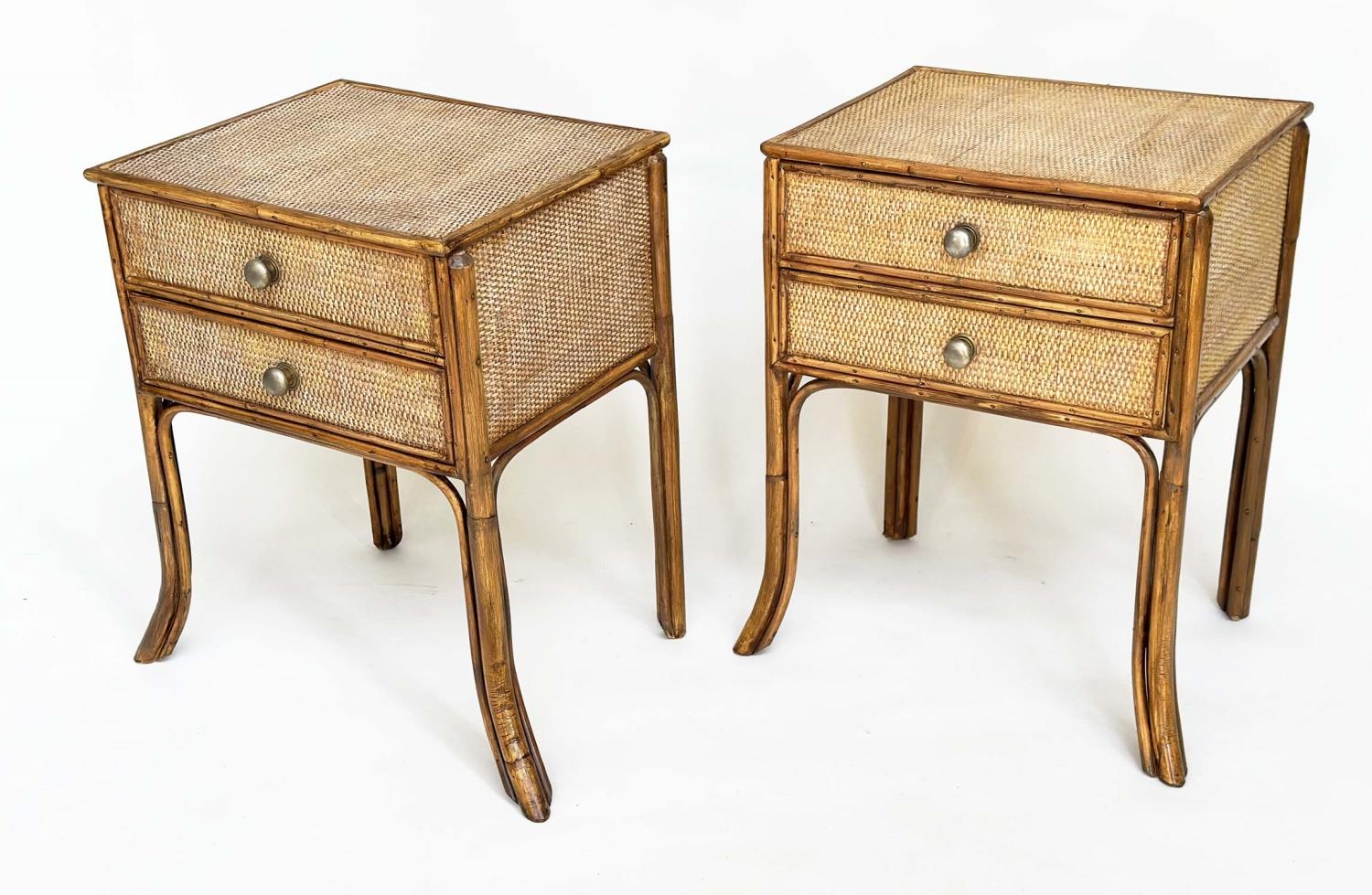 BAMBOO LAMP TABLES, a pair, vintage rattan framed wicker panelled and cane bound each with two - Image 2 of 8