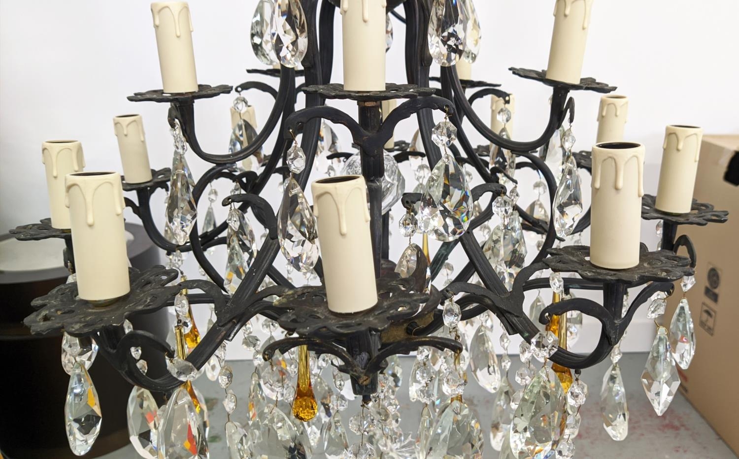 CHANDELIER, patinated metal with clear and amber glass drops from fifteen lights, 60cm W x 114cm - Image 10 of 18