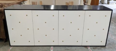SIDEBOARD, 210cm x 50cm x 81cm approx, black lacquered with white lacquered doors, gilt metal stud