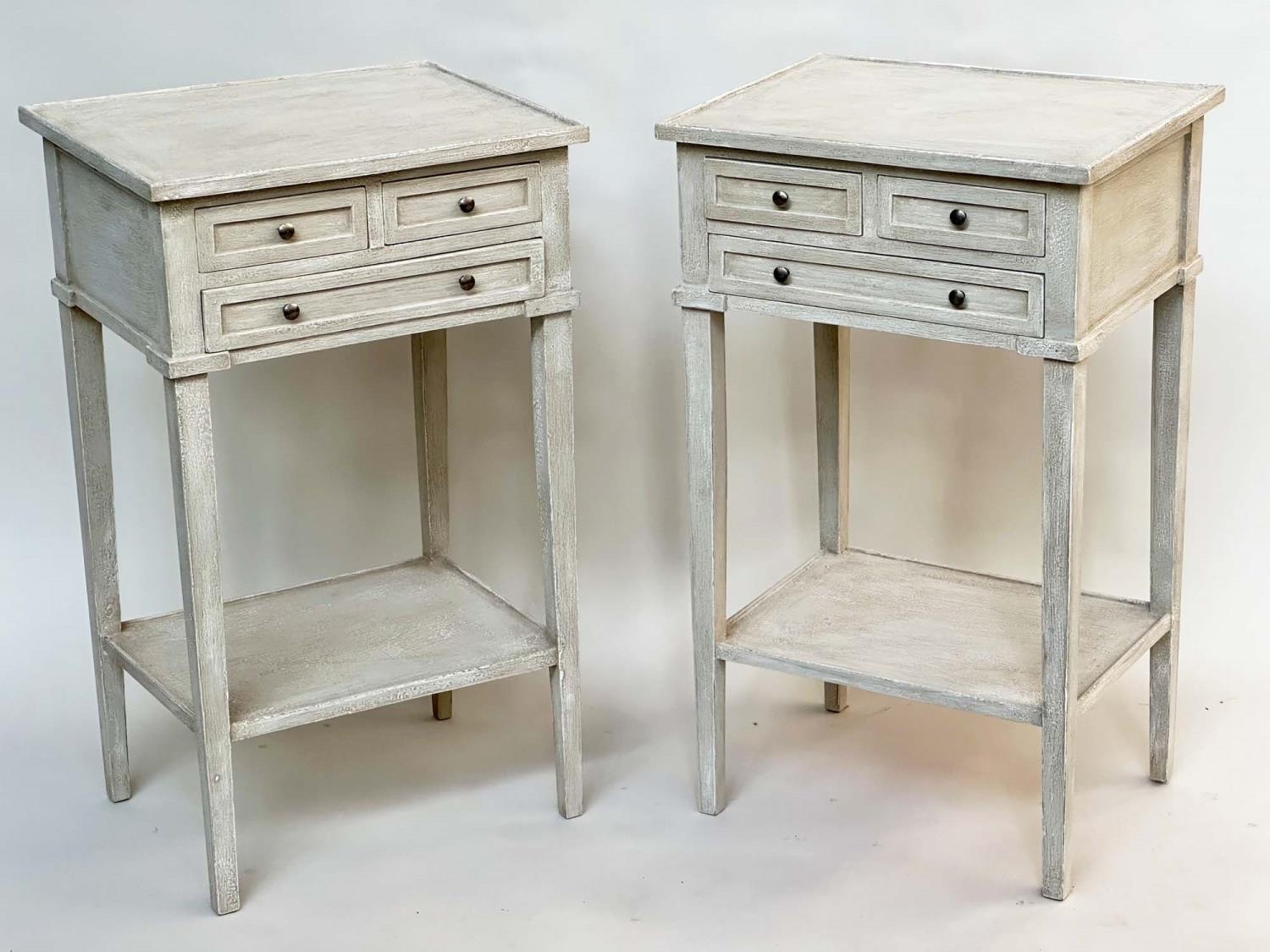 BEDSIDE/LAMP TABLES, a pair, French style grey painted each with three drawers and undertier, 44cm W - Image 6 of 9