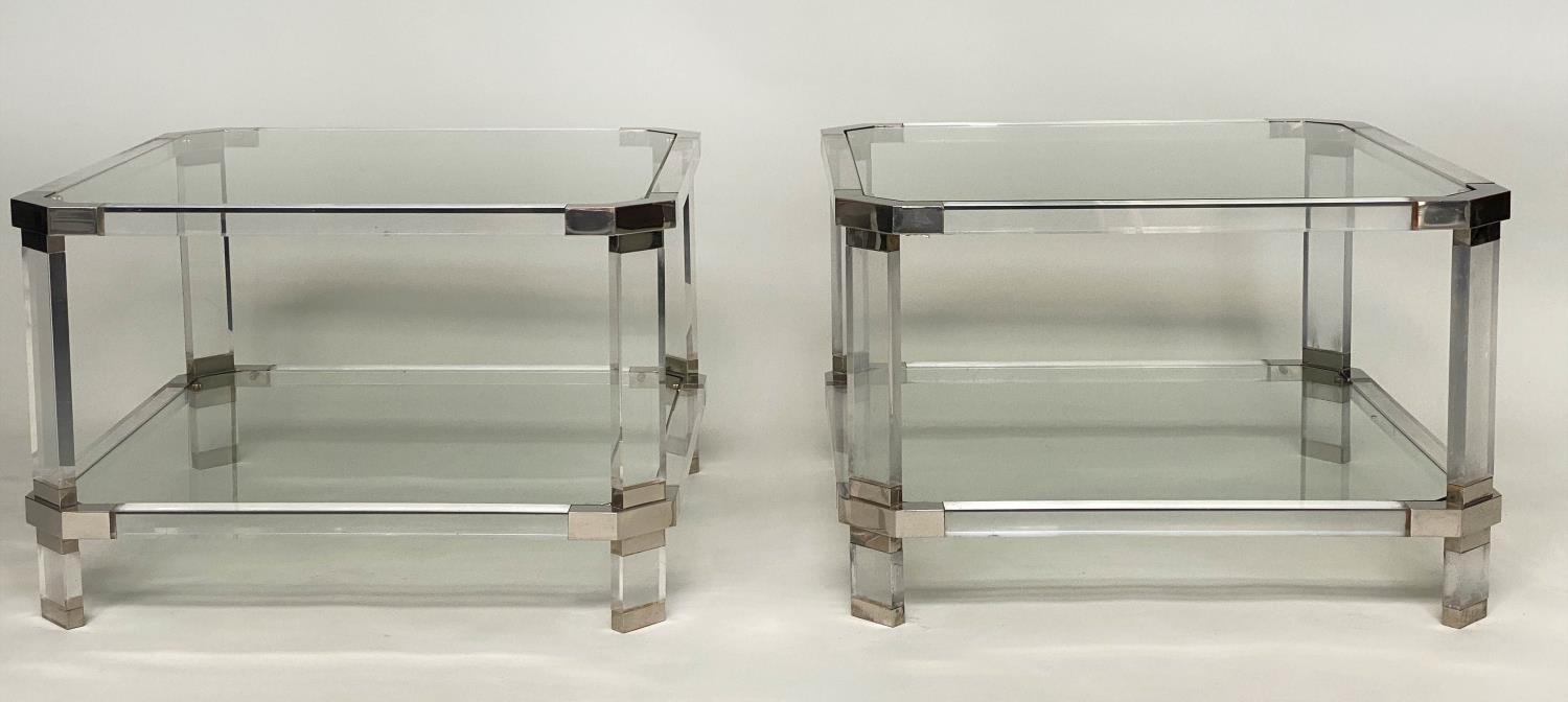 SIDE TABLES, a pair, 1970's lucite and glass, polished metal detail, 45cmx 45cm x 40cm H. (2) - Image 6 of 7