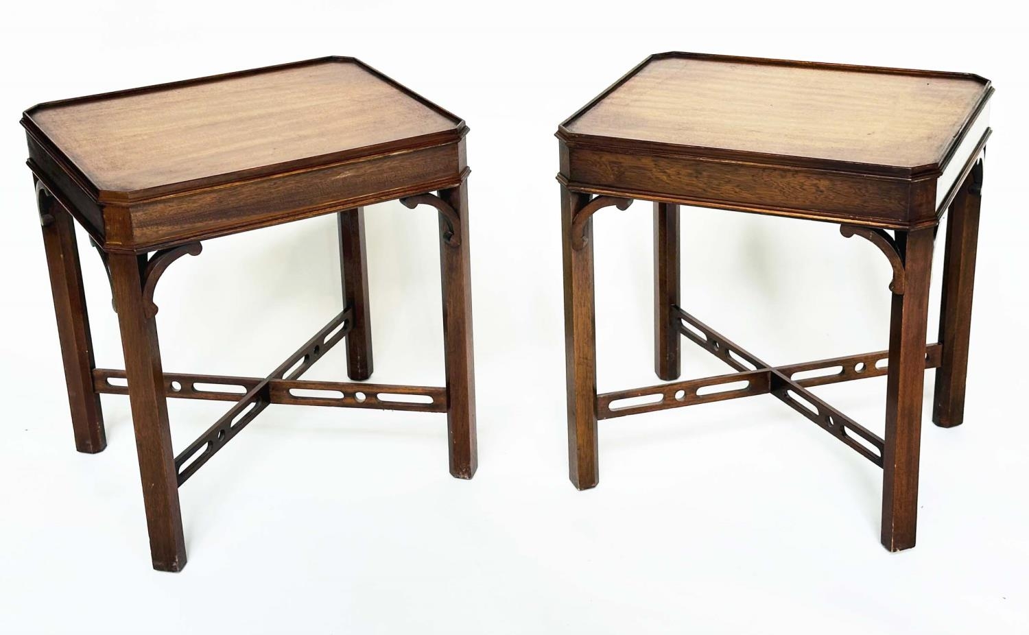 LAMP TABLES, a pair, George III design mahogany each with canted corners and pierced 'X' stretchers, - Image 3 of 9