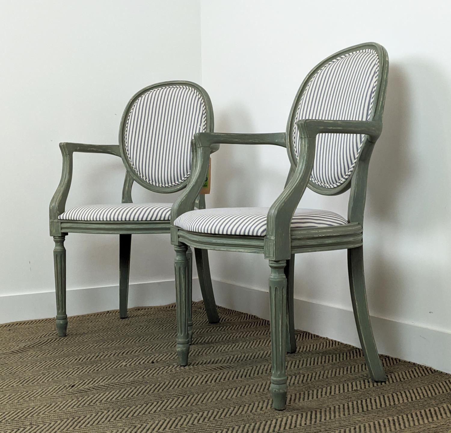 A PAIR OF LOUIS XVI STYLE FAUTEUILS, blue and grey pin stripe fabric, grey distressed finish to - Image 9 of 18