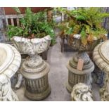 TWO COMPOSITE STONE PLANTERS ON STANDS, a pair, 50cm W x 89cm H. (4)