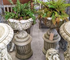 TWO COMPOSITE STONE PLANTERS ON STANDS, a pair, 50cm W x 89cm H. (4)