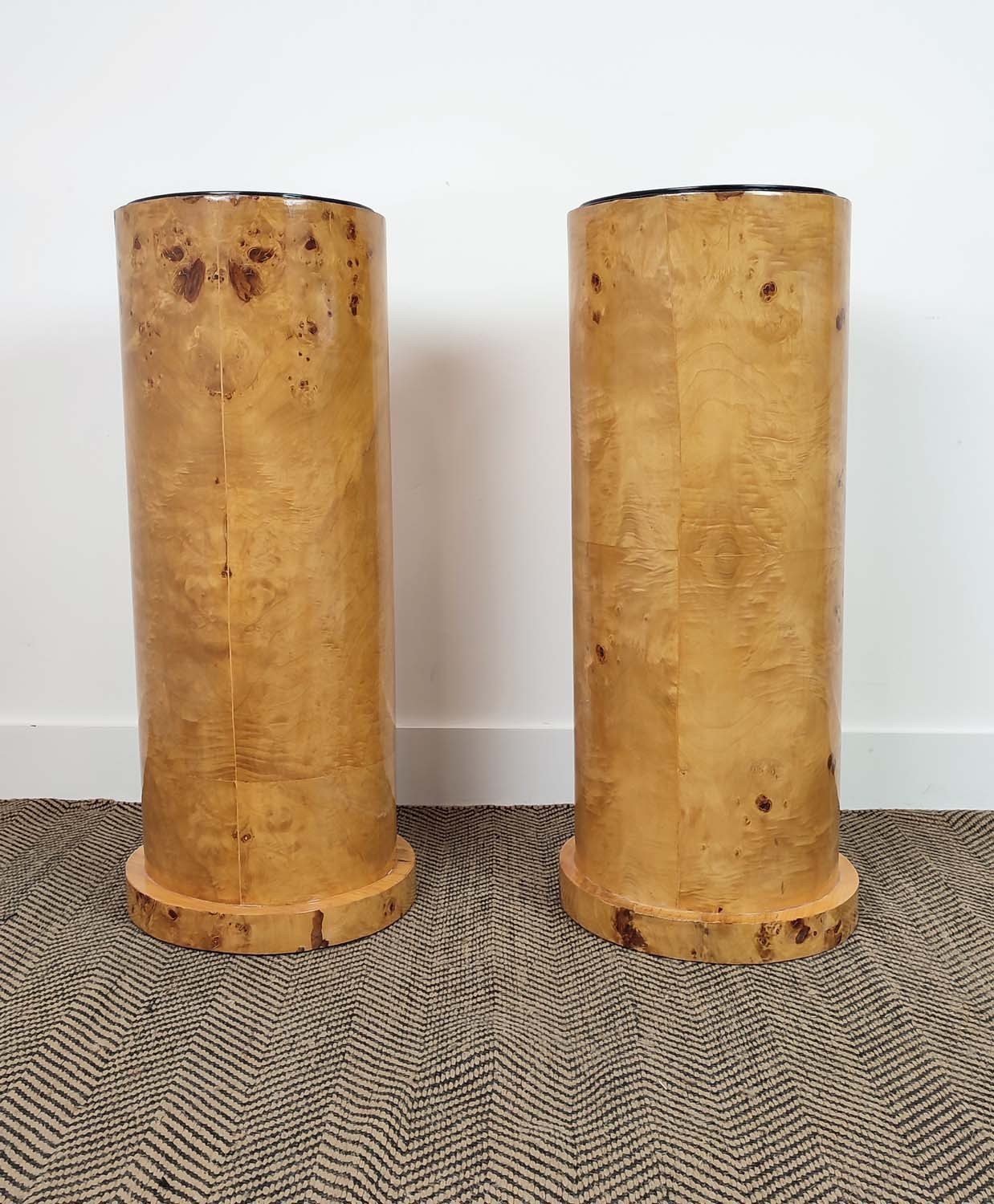 PEDESTAL PLINTHS, a pair, Art Deco style burr wood, 80cm H x 30cm. (2) - Image 2 of 5
