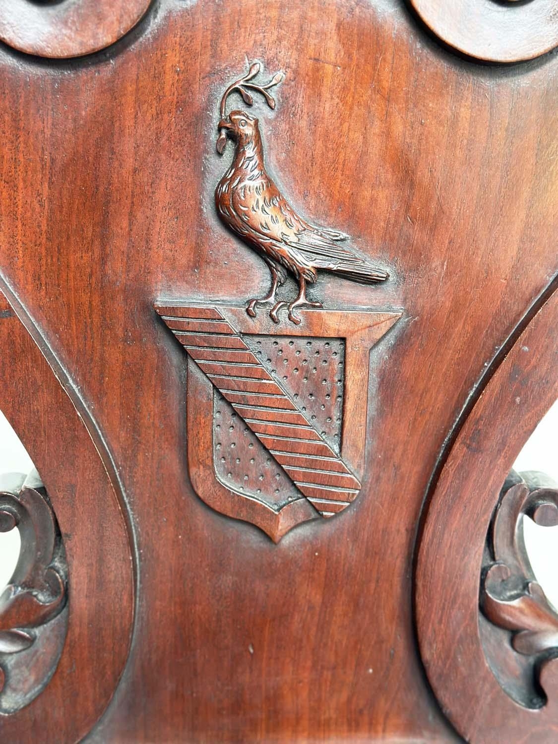HALL CHAIRS, a pair, George III English Country House mahogany with carved armorial backs and - Image 6 of 14