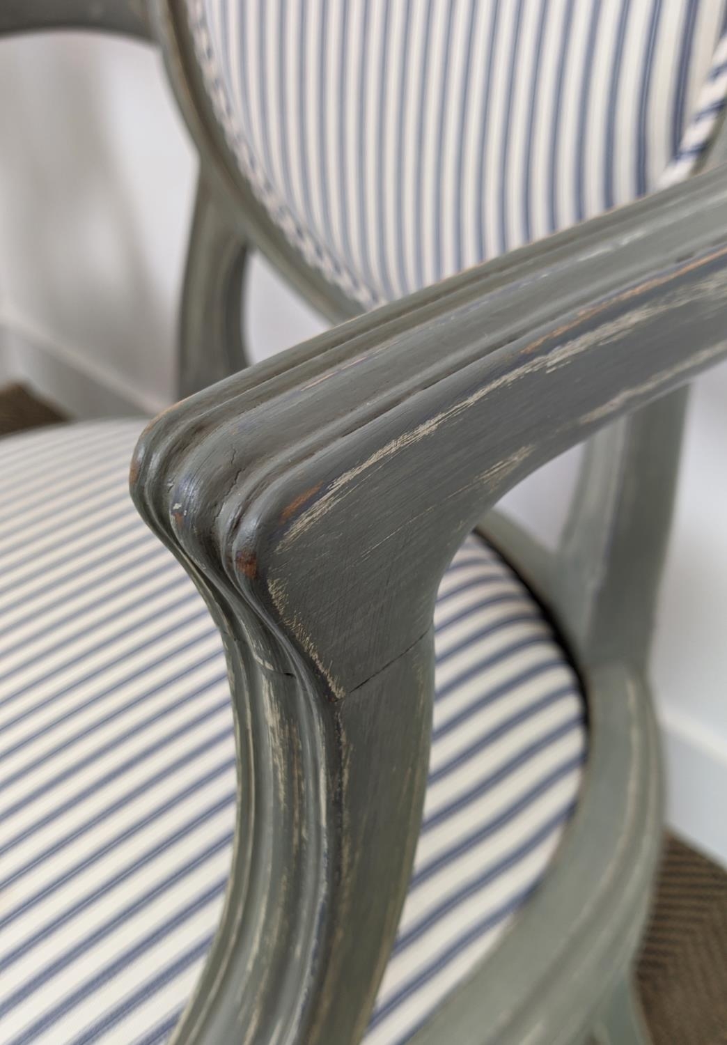 A PAIR OF LOUIS XVI STYLE FAUTEUILS, blue and grey pin stripe fabric, grey distressed finish to - Image 13 of 18