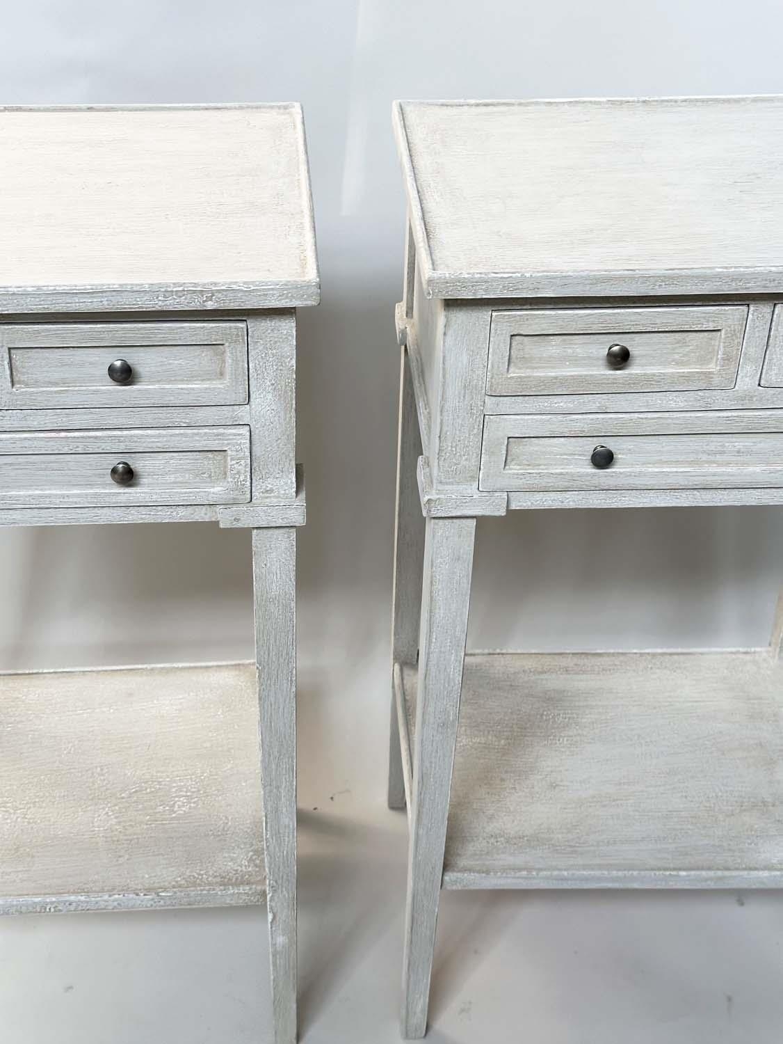 BEDSIDE/LAMP TABLES, a pair, French style grey painted each with three drawers and undertier, 44cm W - Image 2 of 9