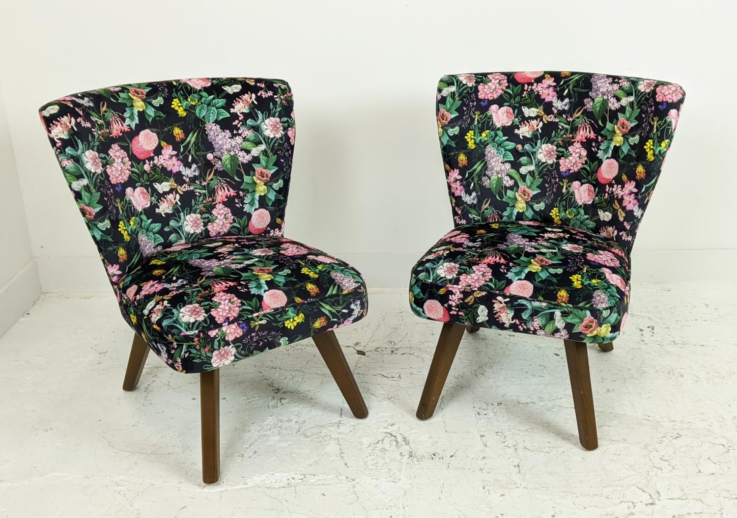 COCKTAIL CHAIRS, a pair, newly upholstered in flower and butterfly patterned velvet, 74cm H x 66cm W - Image 2 of 16