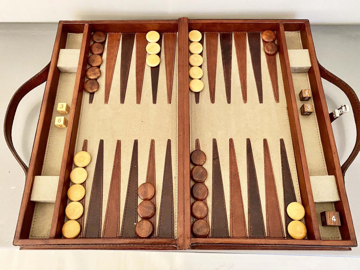 BACKGAMMON SET, in leathered case, complete with counters, 7cm x 23cm x 40cm. - Image 4 of 6