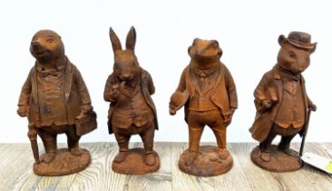 A SELECTION OF FOUR CAST METAL CHARACTERS, one mole, one ratty, one Mr Rabbit, and one toad, 28cm