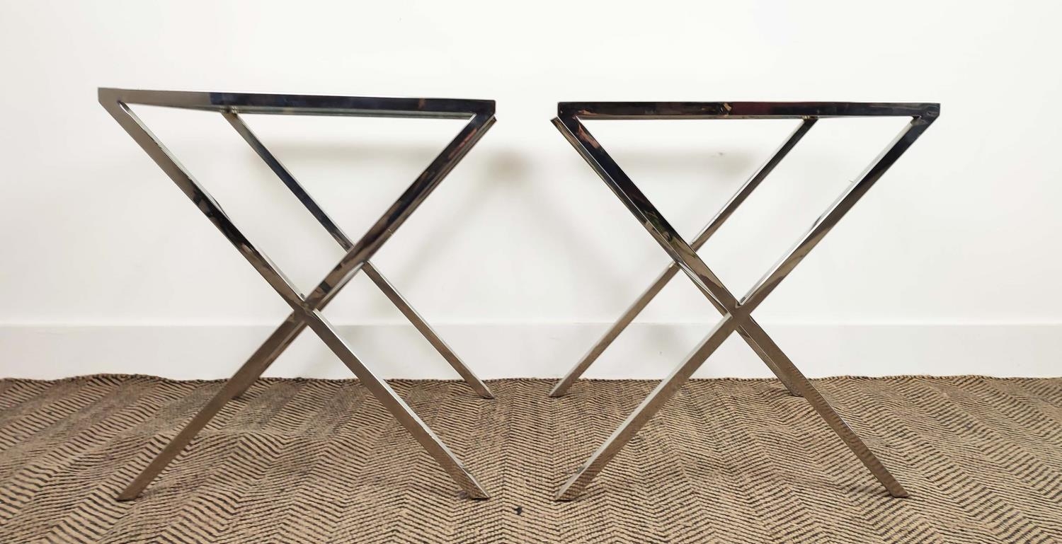 SIDE TABLES, a pair, with glass tops and polished x frame metal bases, each50cm W x 50cm D x 57cm H. - Bild 2 aus 4