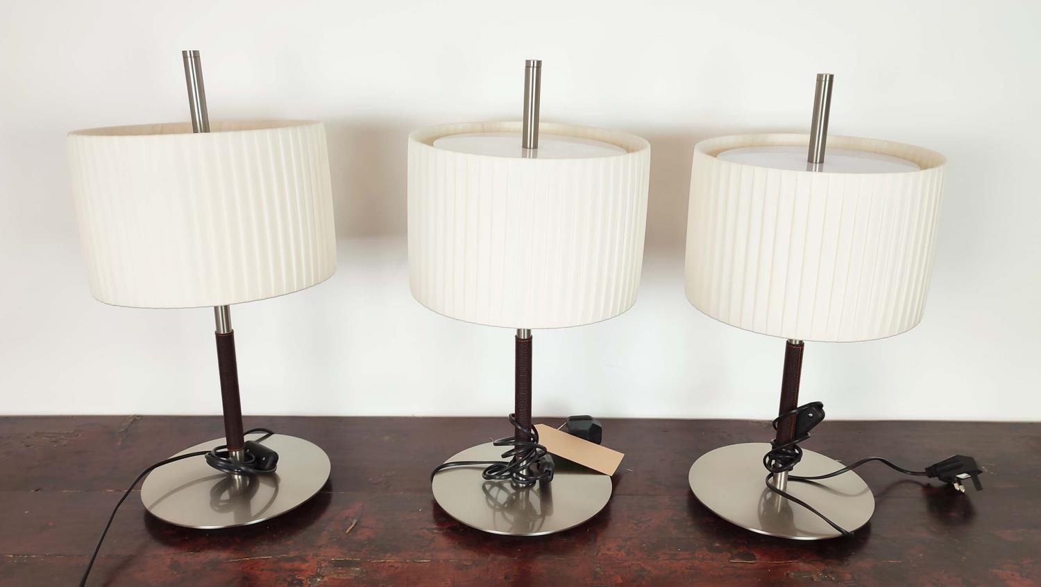 BOVER DANONA TABLE LAMPS, a set of three, with pleated shades and leather detail to stem, each