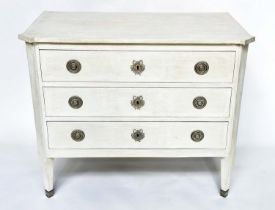 COMMODE, 19th century grey painted and silvered metal mounted with three long drawers, 107cm W x