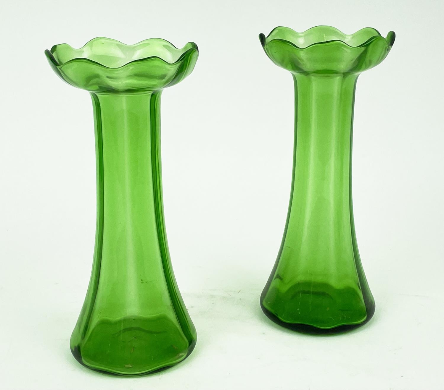 QUANTITY OF GREEN URANIUM GLASS, three pairs of candlesticks, a large figural vase, a mermaid - Image 11 of 16