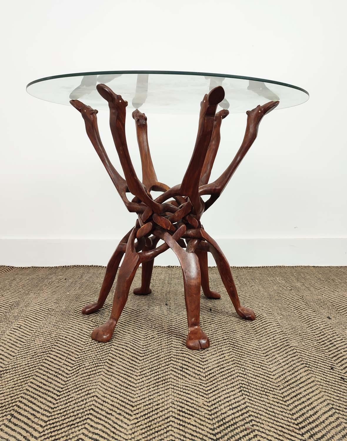OCCASIONAL TABLE, hardwood with circular glass top on intertwined camel outline supports, 62cm H x - Bild 3 aus 8