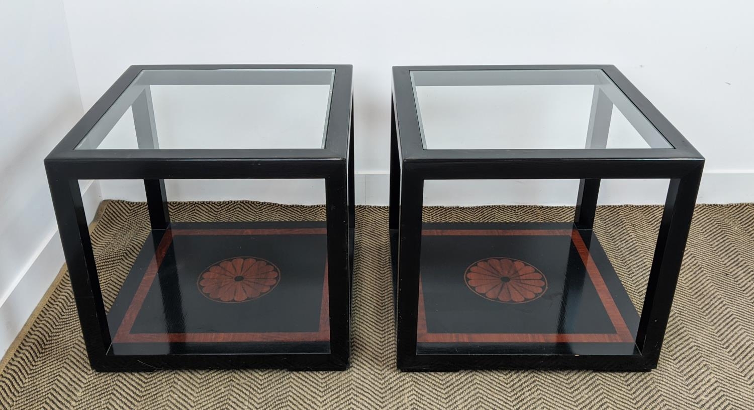 LAMP TABLES, a pair, black lacquer and inlaid with inset square glass tops, 55cm H x 60cm W.