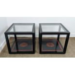 LAMP TABLES, a pair, black lacquer and inlaid with inset square glass tops, 55cm H x 60cm W.