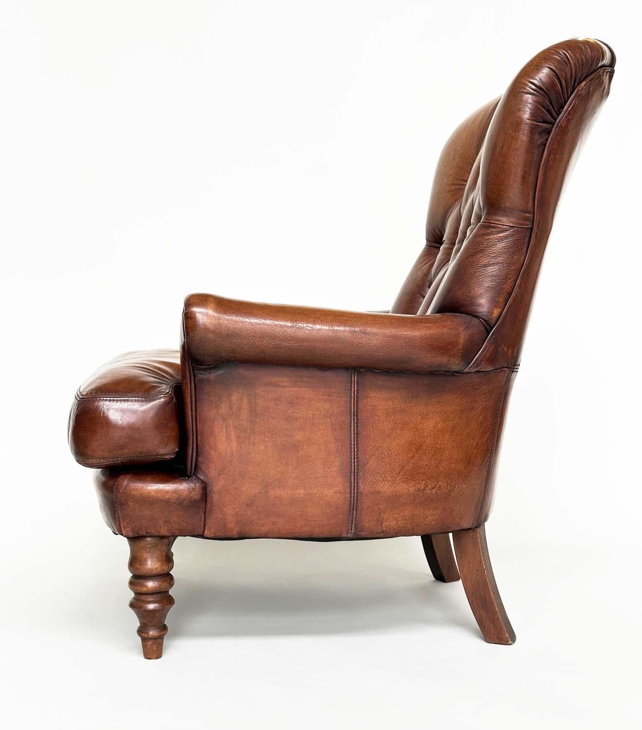 LIBRARY ARMCHAIR, Georgian design with deep buttoned soft natural tan brown leather upholstery and - Image 13 of 14