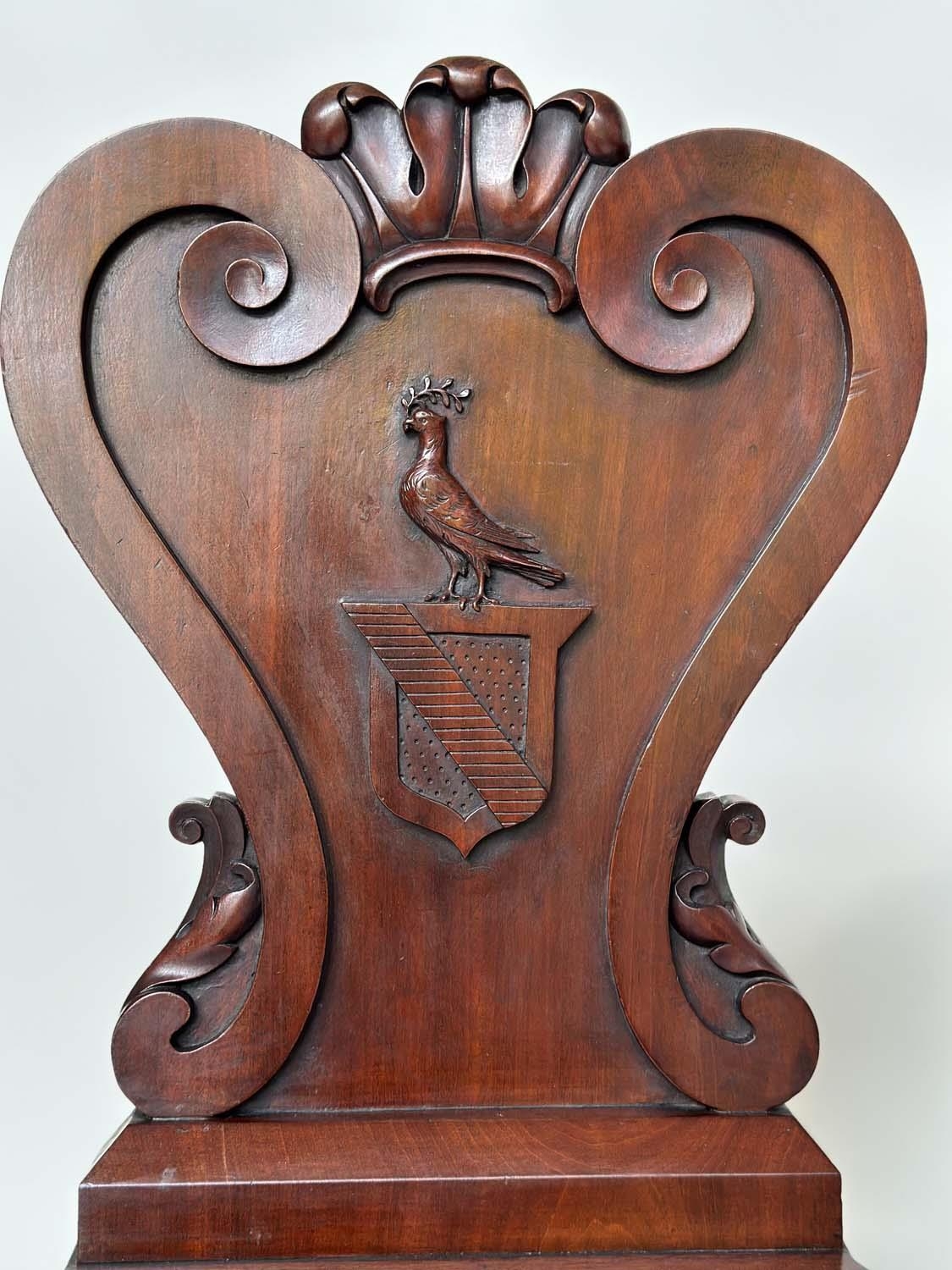 HALL CHAIRS, a pair, George III English Country House mahogany with carved armorial backs and - Image 9 of 14