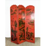 CHINOISERIE SCREEN, early 20th century red lacquer, three fold, each panel 178cm x 46cm W, with gilt