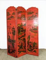 CHINOISERIE SCREEN, early 20th century red lacquer, three fold, each panel 178cm x 46cm W, with gilt