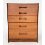 TALL CHEST, 1970s teak with five long drawers and hardwood bale handles, 69cm W x 42cm D x 91cm H.
