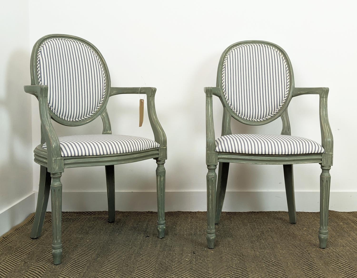 A PAIR OF LOUIS XVI STYLE FAUTEUILS, blue and grey pin stripe fabric, grey distressed finish to - Image 4 of 18