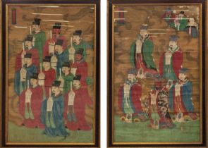 CHINESE ANCESTRAL PORTRAITS, two, 19th century polychrome painted, each 137cm x 75cm.