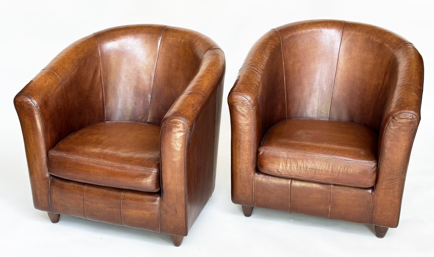 TUB ARMCHAIRS, a pair, natural soft mid brown leather upholstered with rounded backs, 78cm W. (2) - Image 4 of 12