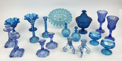 QUANTITY OF BLUE URANIUM GLASS, comprising four pairs of candlesticks, two pairs of icecream