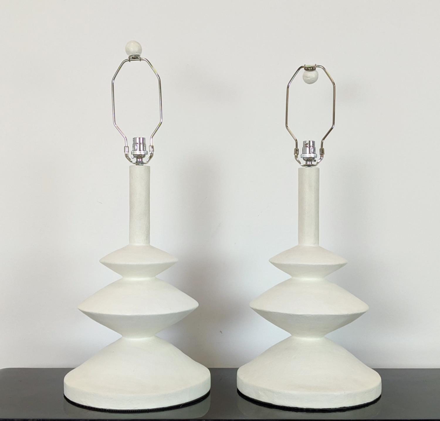 JEAN MICHEL FRANK INSPIRED WHITE PLASTER TABLE LAMPS, a pair, bases each 53cm H. (2)