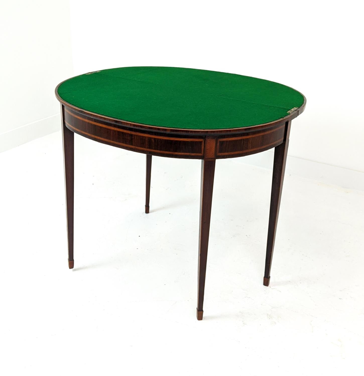 DEMI LUNE CARD TABLE, George III rosewood and satinwood, circa 1800 with green baize top, 75cm H x - Image 4 of 10