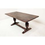 REFECTORY TABLE, Jacobean style oak, the rectangular top on carved balaster bases, 185cm W x 83cm