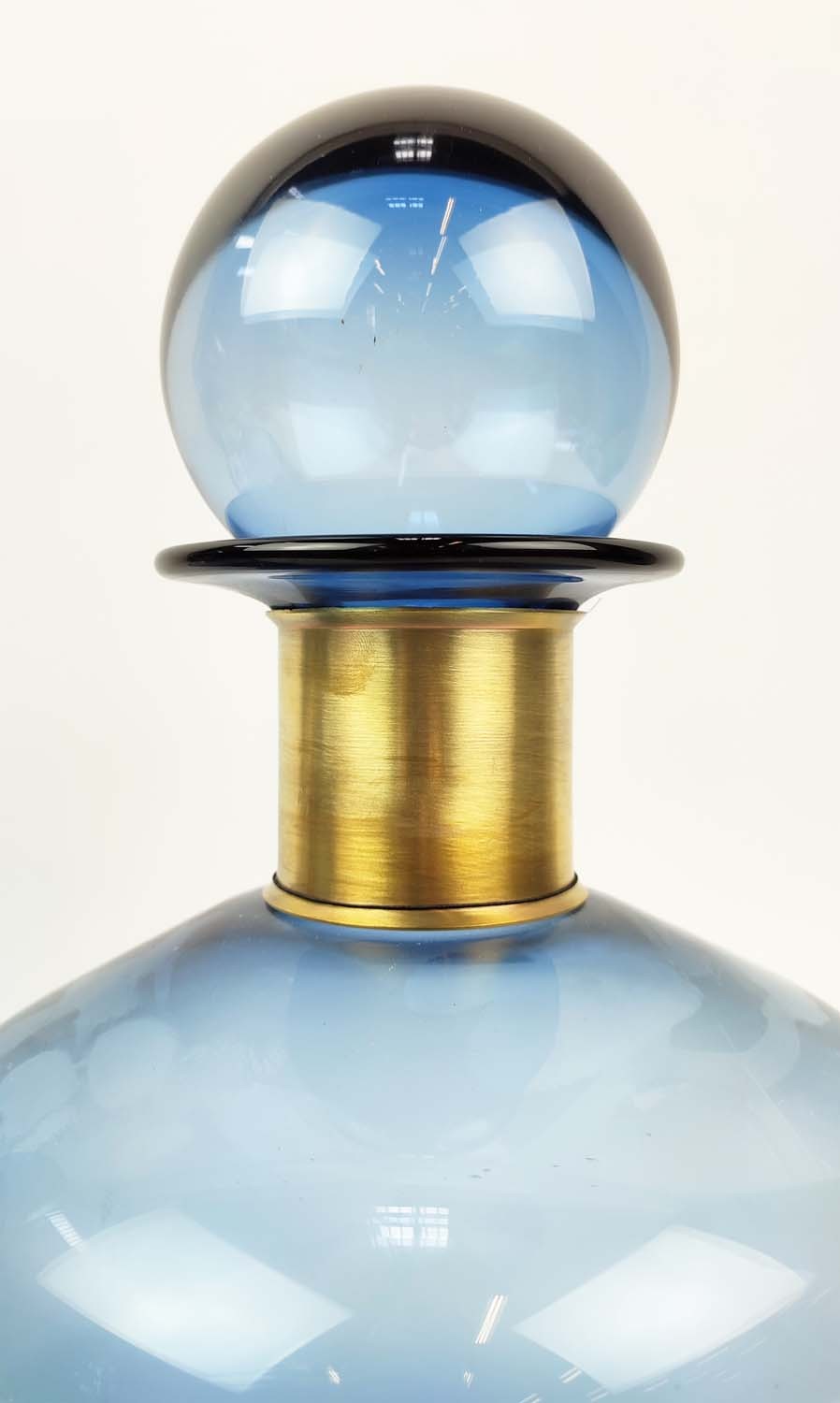 BOTTLE VASES, a pair, blue glass with gilt metal, 40cm H x 22cm. (2) - Image 2 of 4