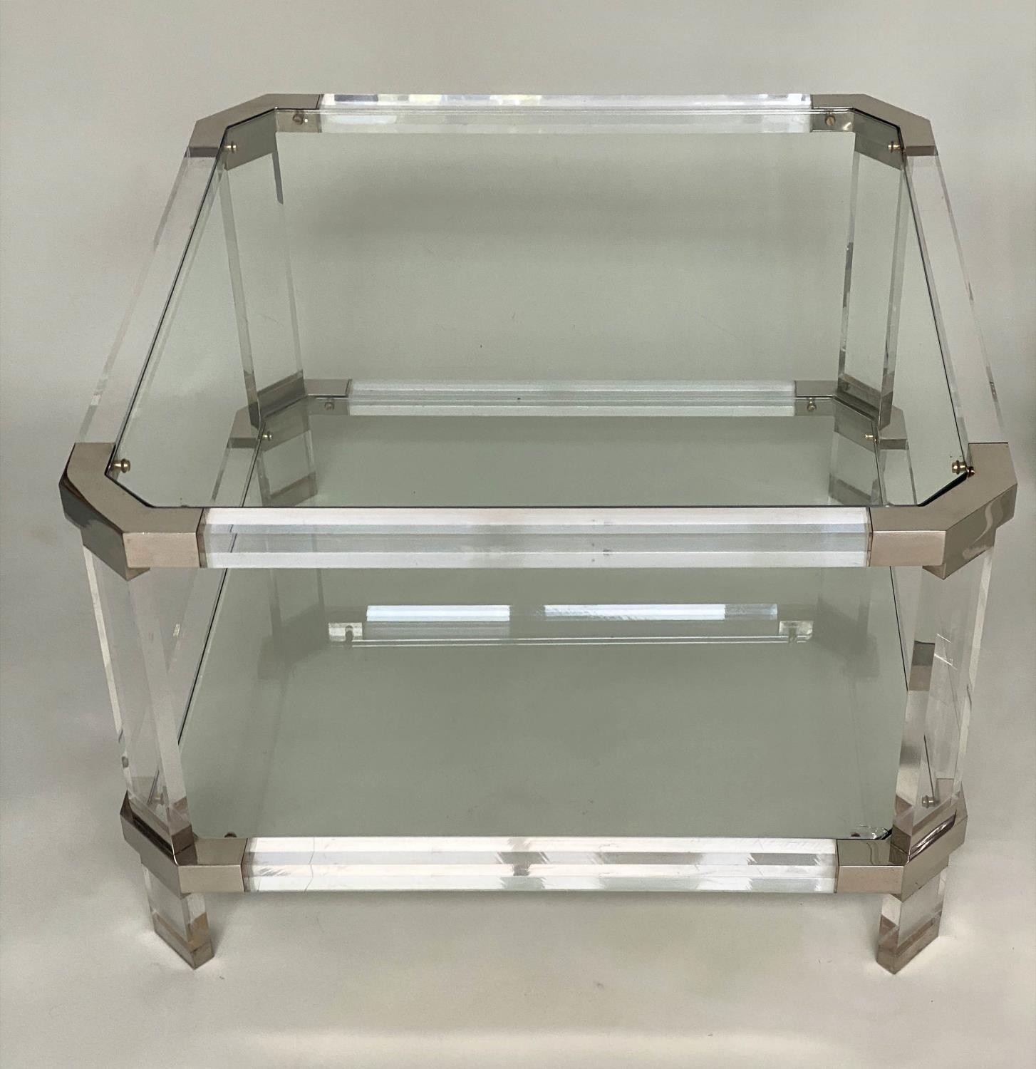 SIDE TABLES, a pair, 1970's lucite and glass, polished metal detail, 45cmx 45cm x 40cm H. (2) - Image 2 of 7