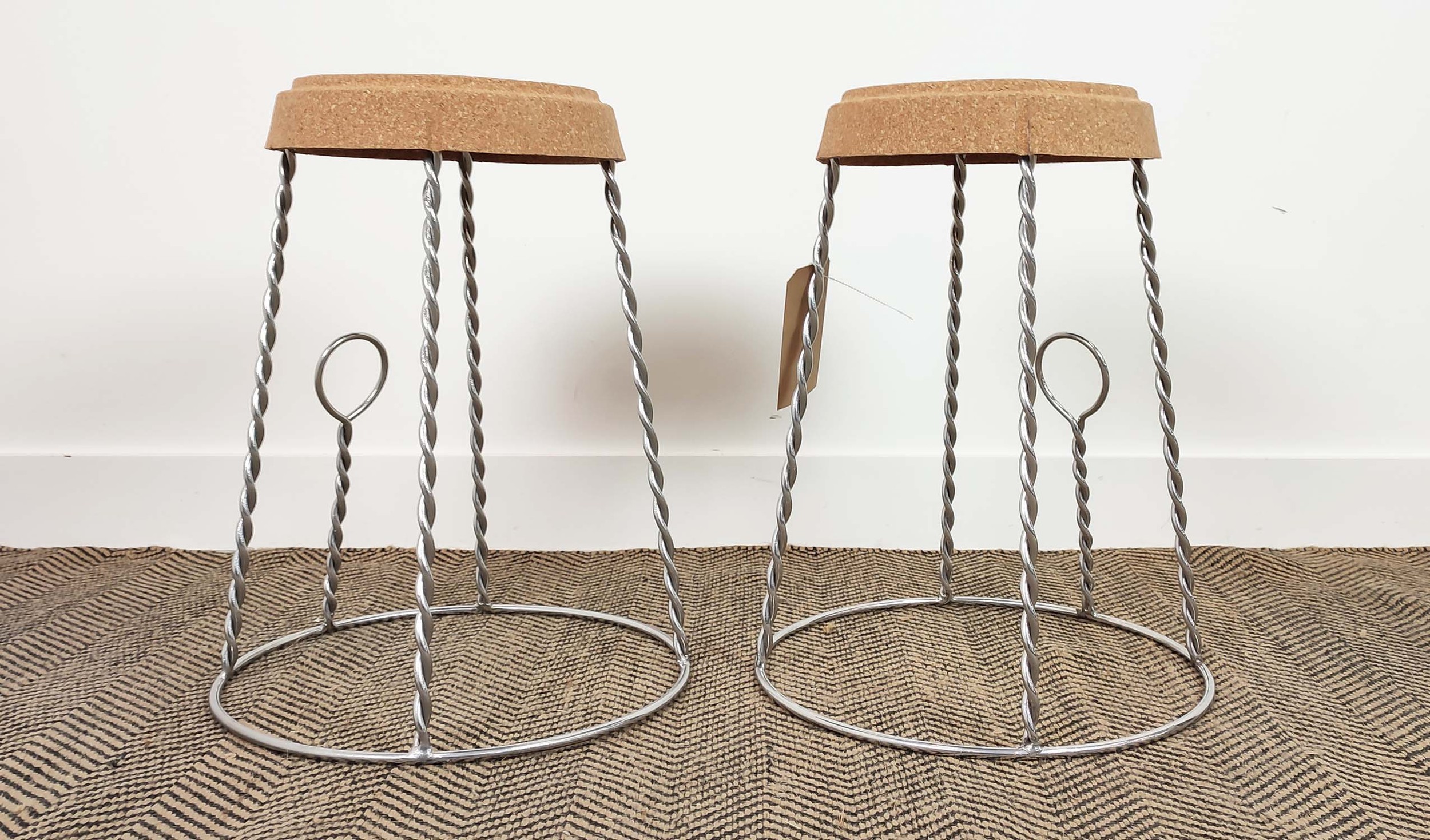 CHAMPAGNE CORK STOOLS, a pair, vintage style with twisted metal bases, 53cm H. (2) - Image 2 of 4