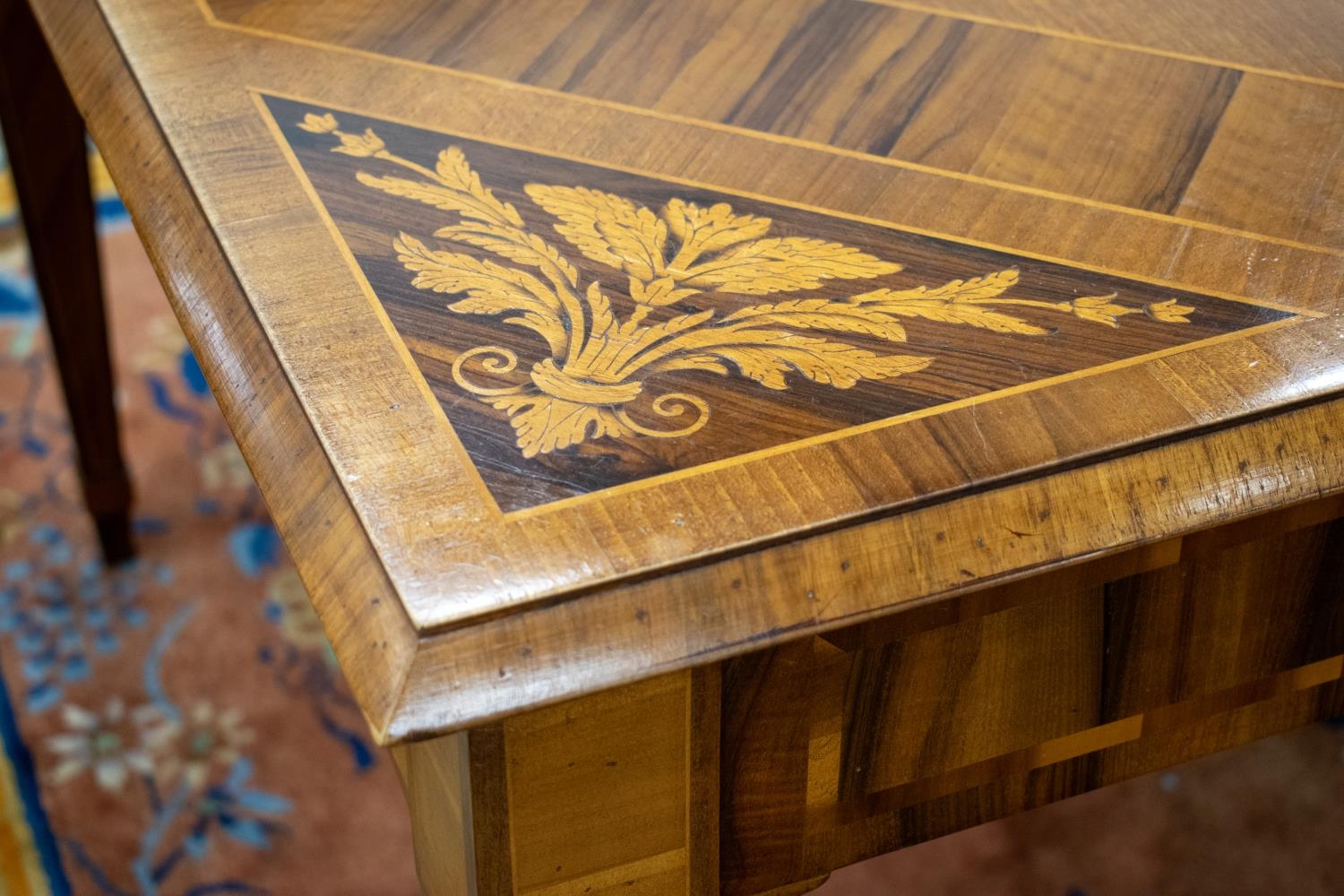 DINING TABLE, Italian walnut and marquetry with two extra leaves, 78cm H x 112cm x 127cm L, 223cm - Image 6 of 12