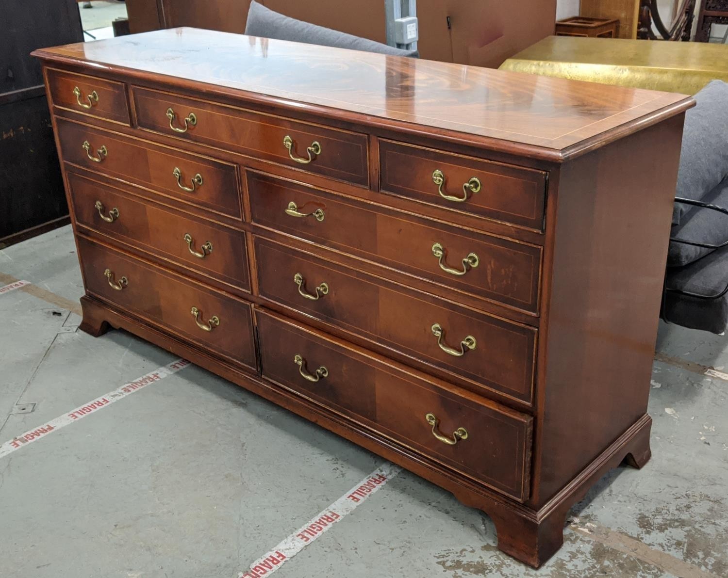 CHEST, Georgian style mahogany and line inlaid with nine drawers, 78cm H x 156cm x 46cm. - Image 7 of 22