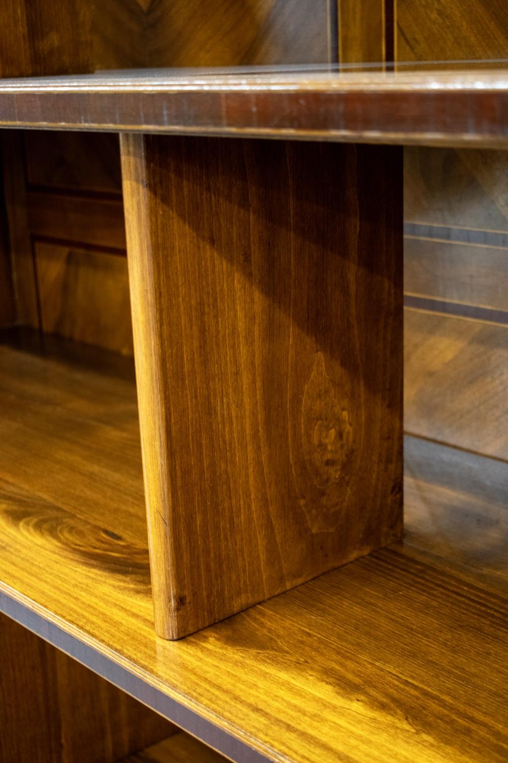 OPEN BOOKCASES, a pair, Italian walnut and marquetry with removable shelves and dividers, 212cm H - Image 8 of 8