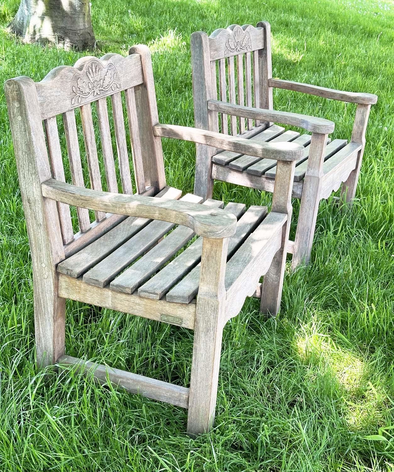 GARDEN ARMCHAIRS BY BRIDGMAN & CO LTD, a pair, well weathered teak with generous seats, slatted - Image 20 of 22