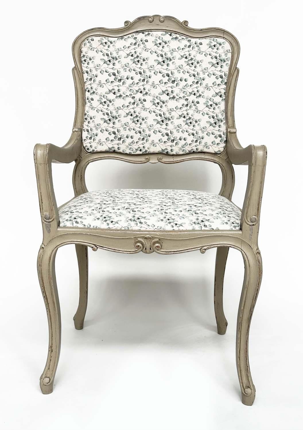 FAUTEUILS, a pair, French Louis XV style grey painted with eucalyptus print linen upholstery, 99cm H - Bild 3 aus 7