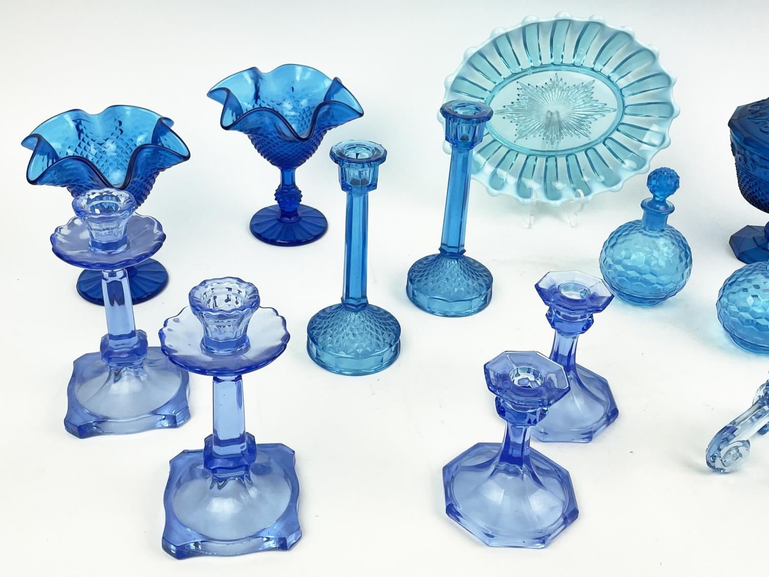 QUANTITY OF BLUE URANIUM GLASS, comprising four pairs of candlesticks, two pairs of icecream - Image 4 of 12