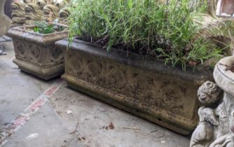 PLANTERS, a pair, composite stone, square 26cm L x 33cm W, rectangular 70cm W x 34cm D, both