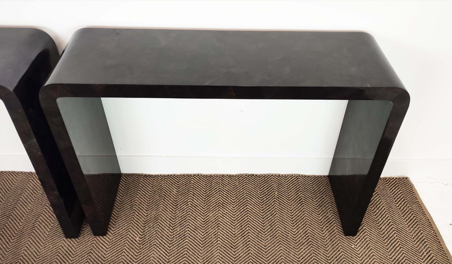 CONSOLE TABLES, a pair, black lacquered tessellated design, 83cm H x 120cm W x 35cm D. (2) - Image 2 of 5