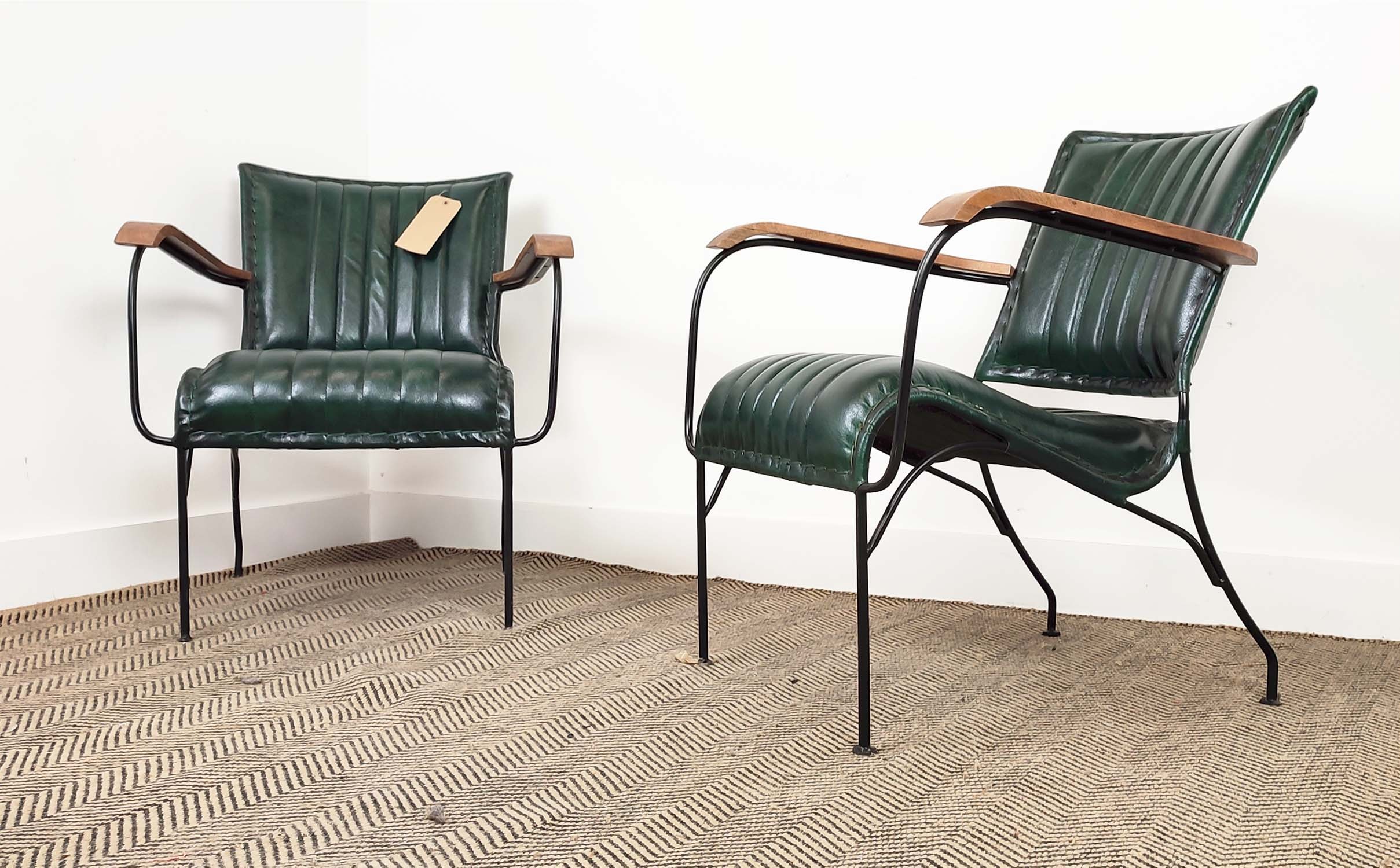 ARMCHAIRS, a pair, green leather upholstery with wooden arms and metal supports, 65cm x 75cm H x - Image 2 of 7