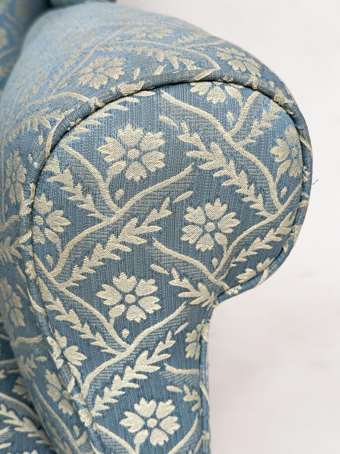 WING ARMCHAIR, Victorian geometric woven blue and white upholstered with scroll arms and turned - Image 4 of 6