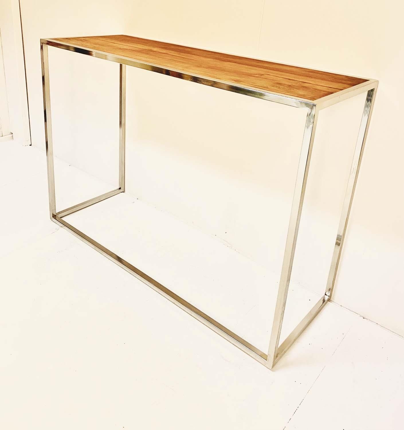 CONSOLE TABLE, polished metal, natural wood top, 70cm x 101cm x 30cm. - Bild 4 aus 4